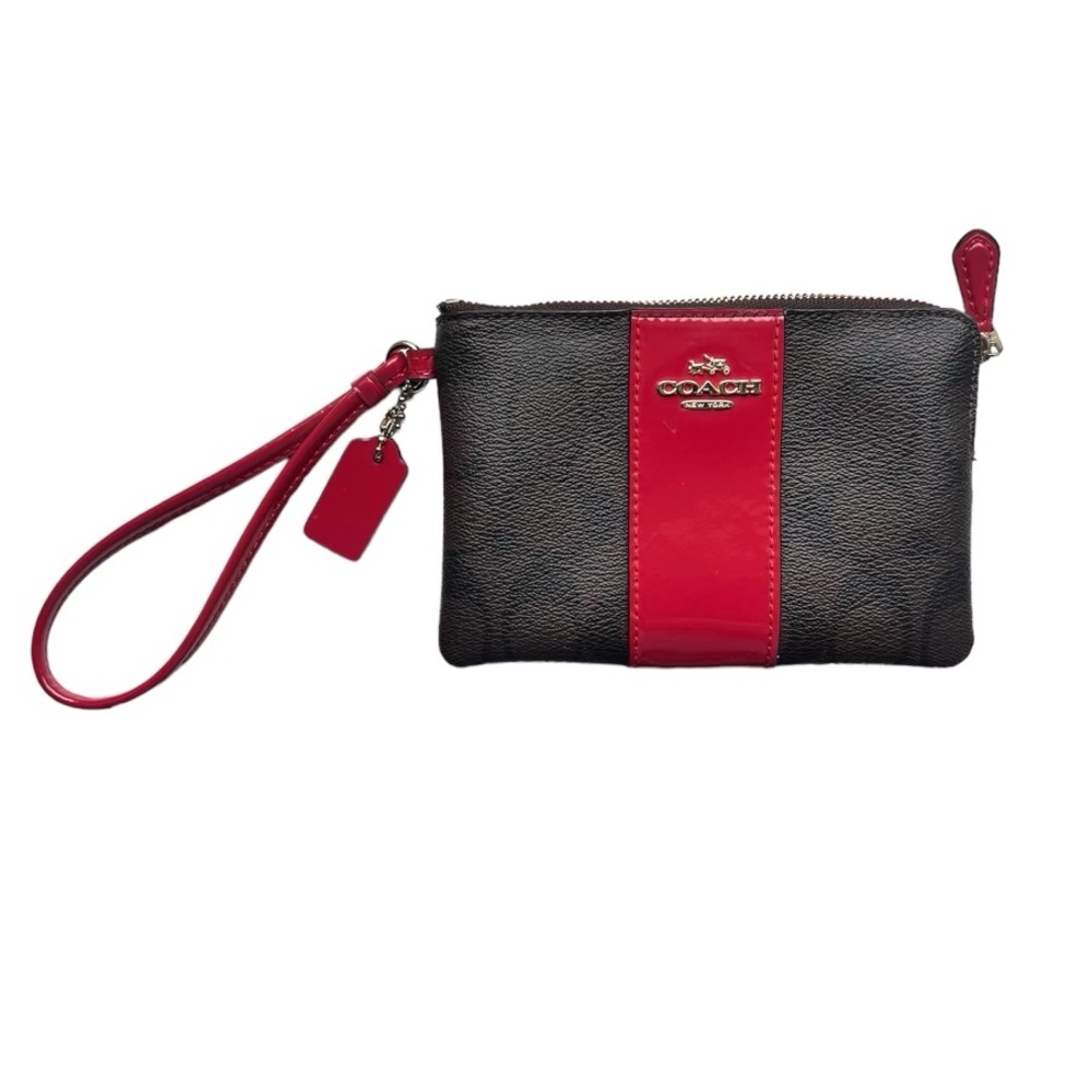 Coach Brown/Red Leather Crown Zip Wristlet Wallet